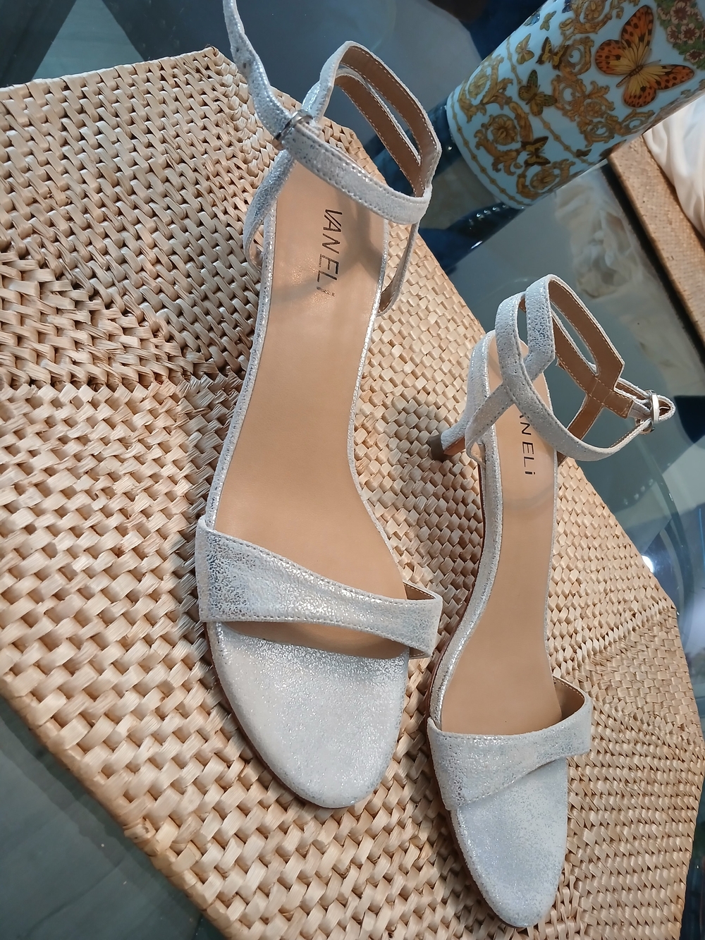 VANELi Silver Ankle-Strap Glitter Sandals